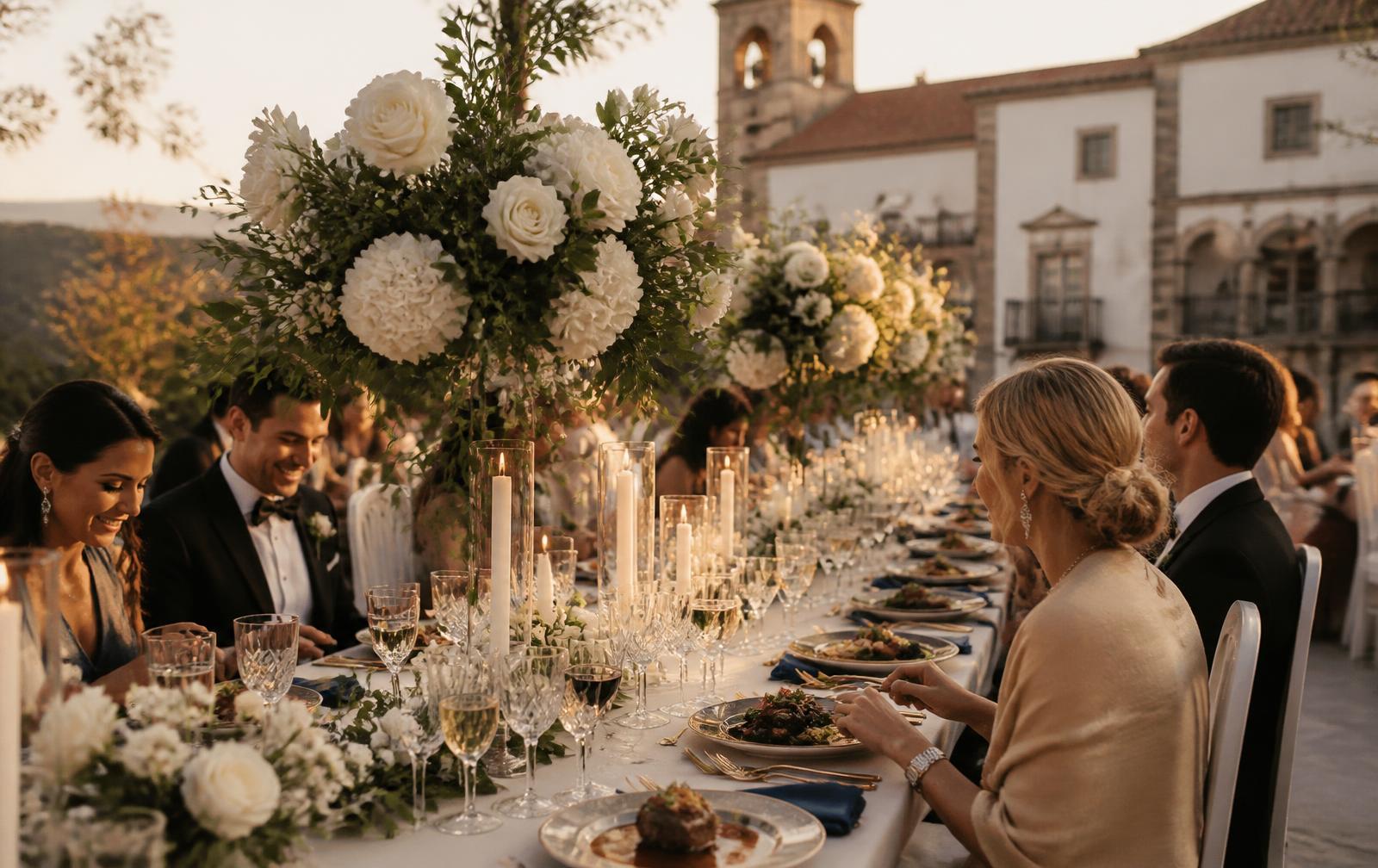 Buffet table with fresh fruit, desserts, cheeses and flowers in elegant decor